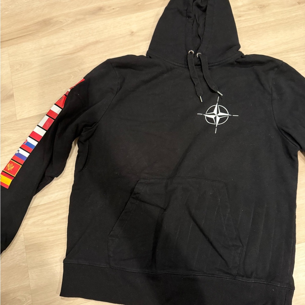 Black Hooded Sweater with Flag Sleeve Design